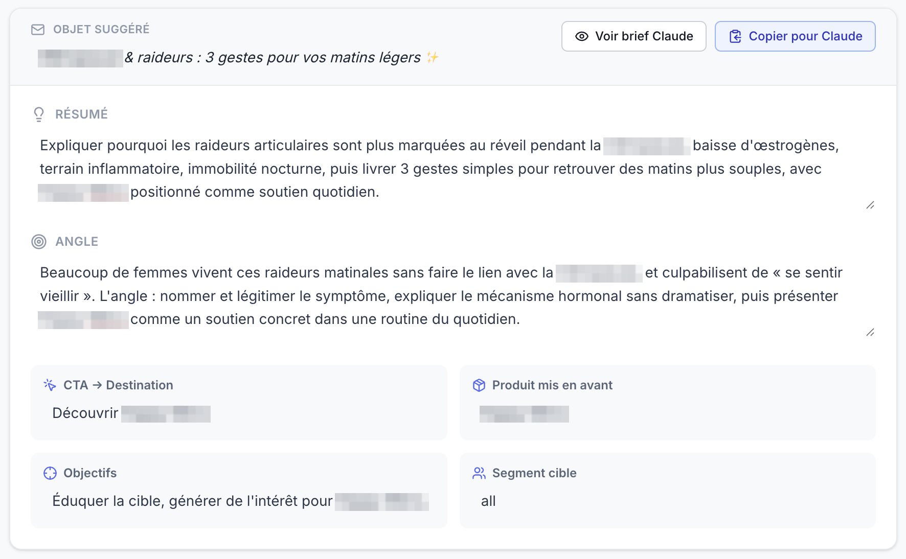 Brief de campagne généré par Retain : objet suggéré, résumé, angle éditorial, CTA, produit mis en avant et segment cible.