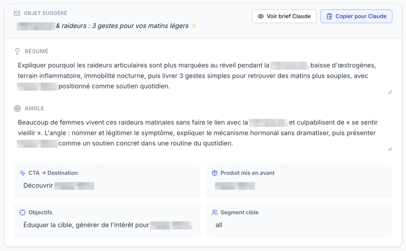 Brief de campagne généré par Retain : objet suggéré, résumé, angle éditorial, CTA, produit mis en avant et segment cible.