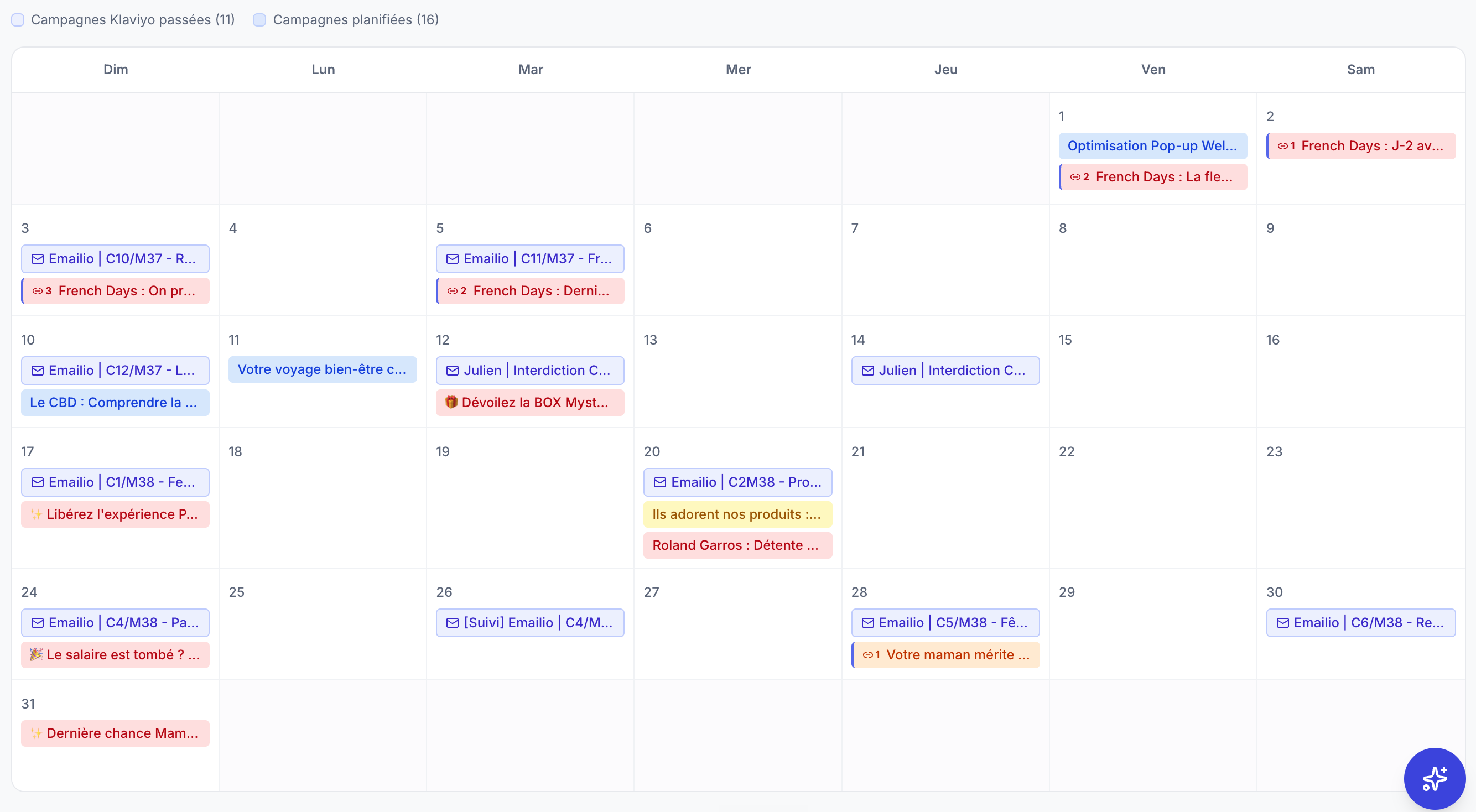 Calendrier de campagnes Klaviyo