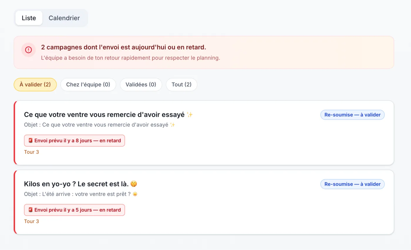 Liste des campagnes à valider